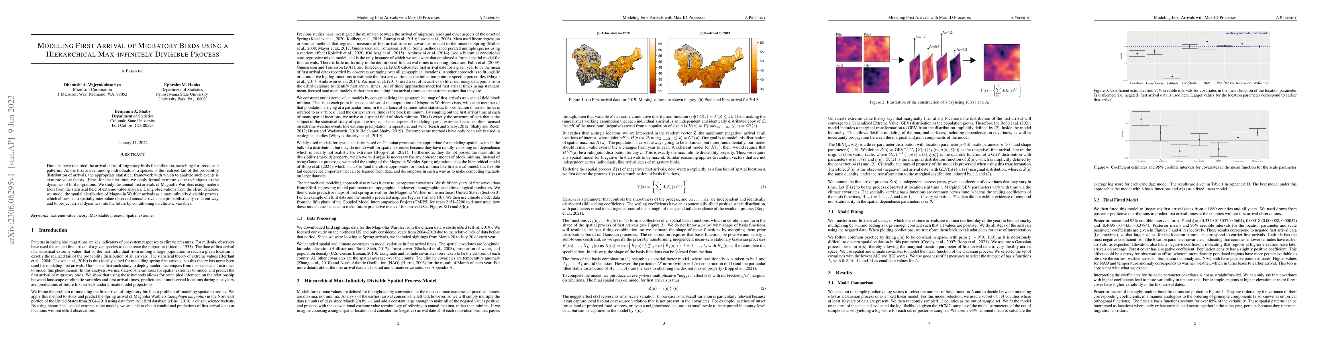 Thumbnail for Modeling First Arrival of Migratory Birds using a Hierarchical
  Max-infinitely Divisible Process