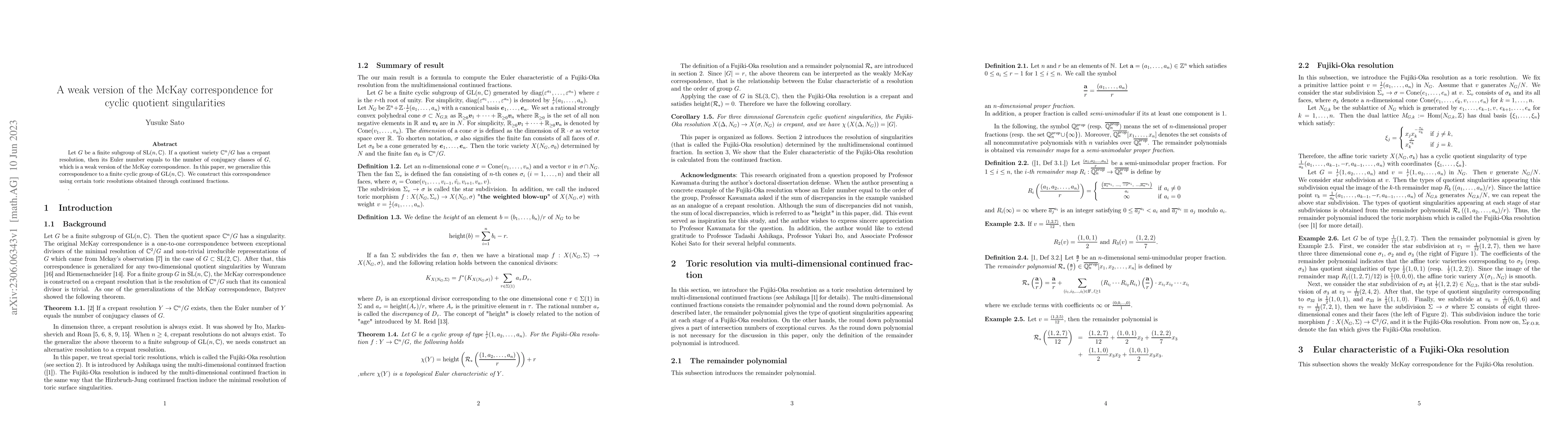Thumbnail for A weak version of the McKay correspondence for cyclic quotient
  singularities