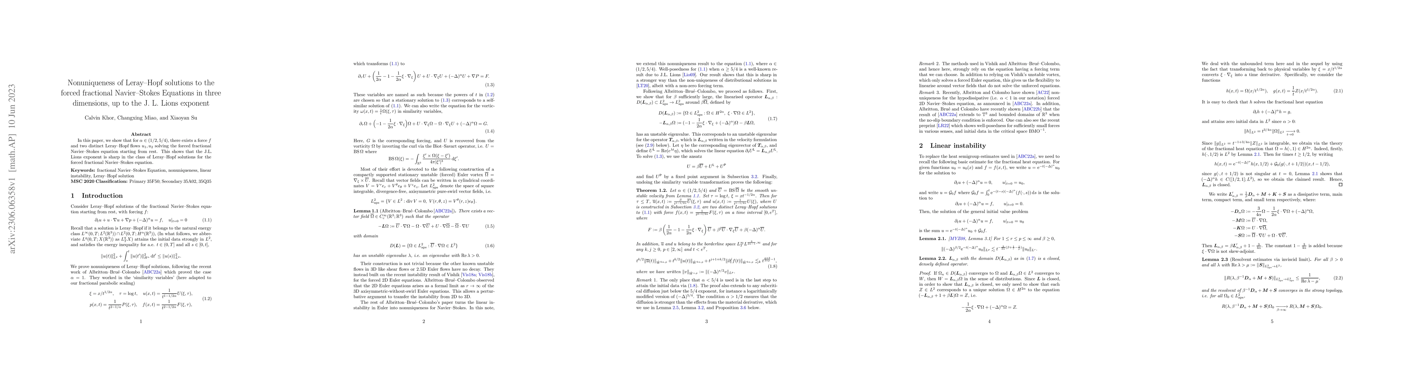 Thumbnail for Nonuniqueness of Leray-Hopf solutions to the forced fractional
  Navier-Stokes Equations in three dimensions, up to the J. L. Lions exponent