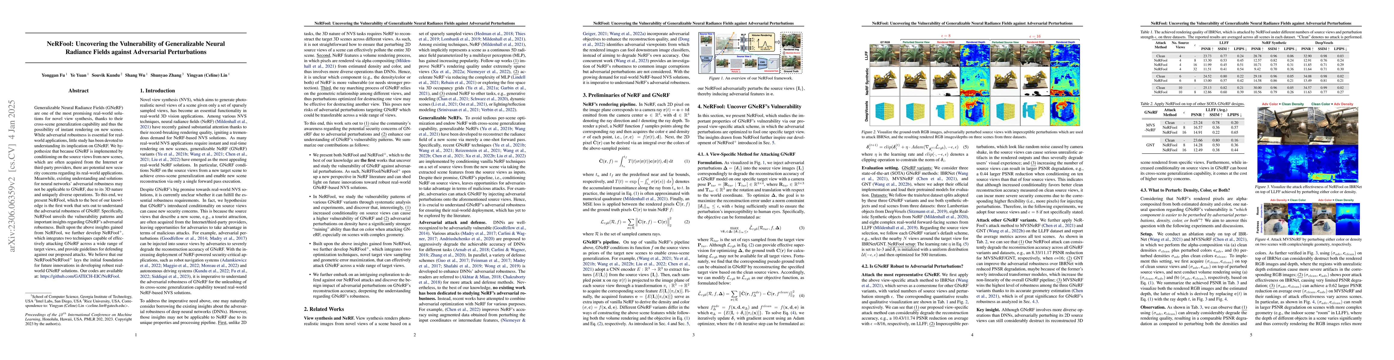 Thumbnail for NeRFool: Uncovering the Vulnerability of Generalizable Neural Radiance
  Fields against Adversarial Perturbations