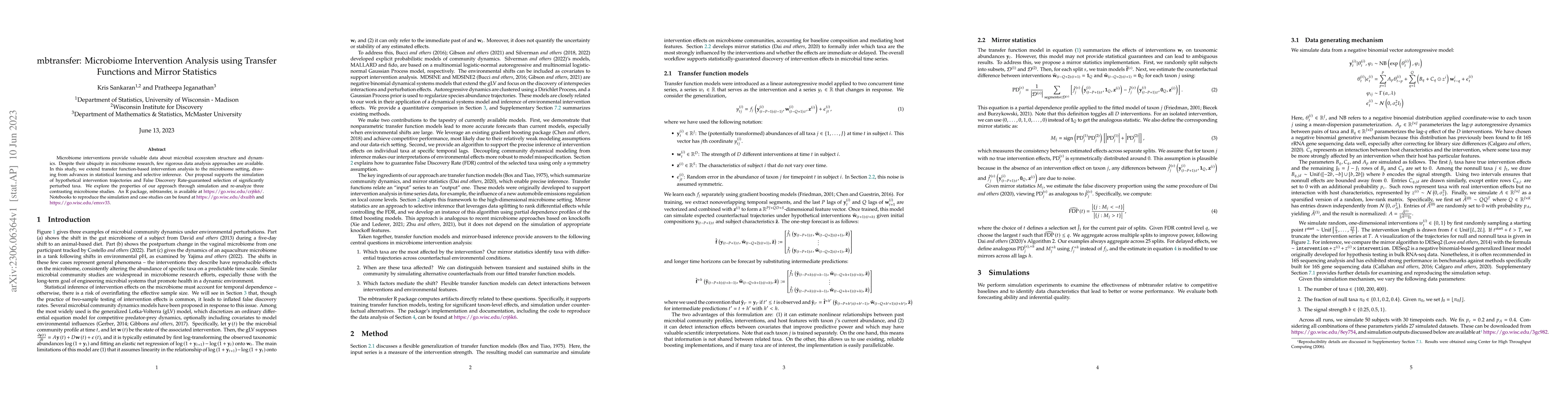 Thumbnail for Microbiome Intervention Analysis with Transfer Functions and Mirror
  Statistics