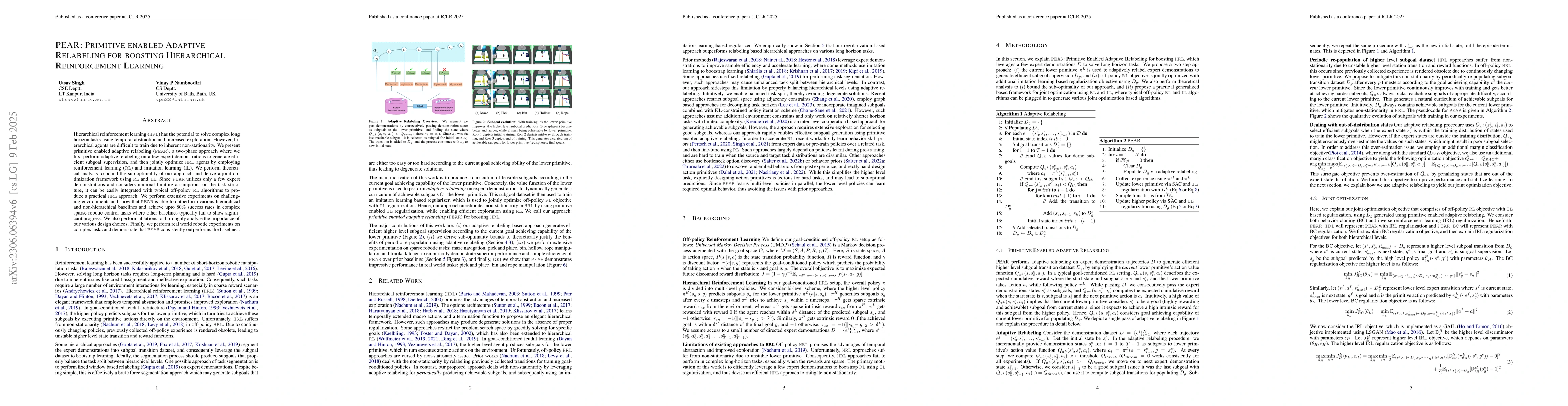 Thumbnail for PEAR: Primitive enabled Adaptive Relabeling for boosting Hierarchical
  Reinforcement Learning
