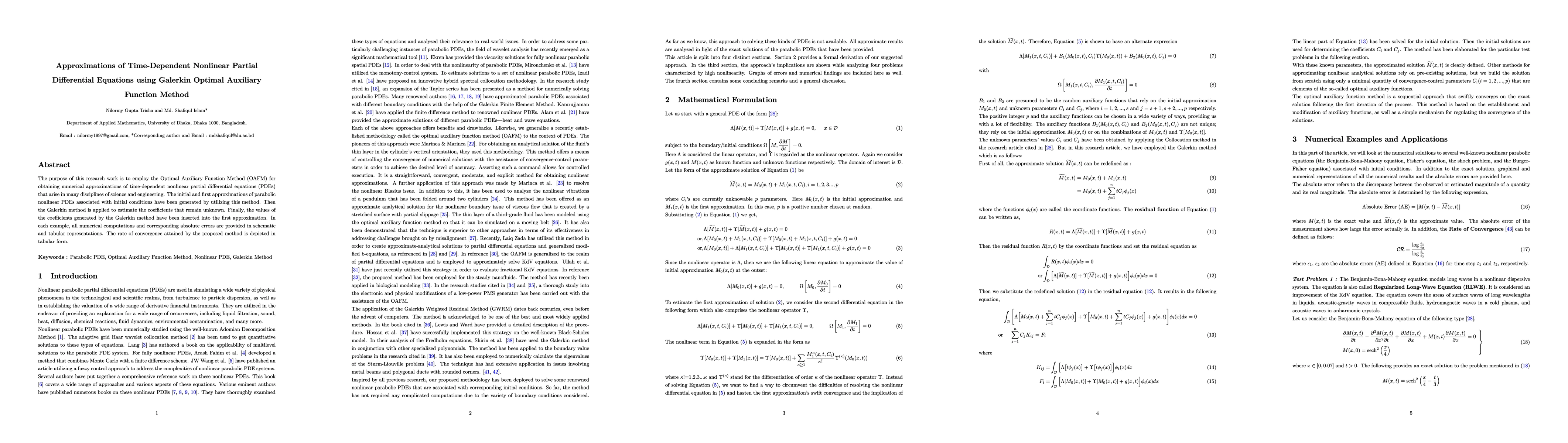 Thumbnail for Approximations of Time-Dependent Nonlinear Partial Differential
  Equations using Galerkin Optimal Auxiliary Function Method