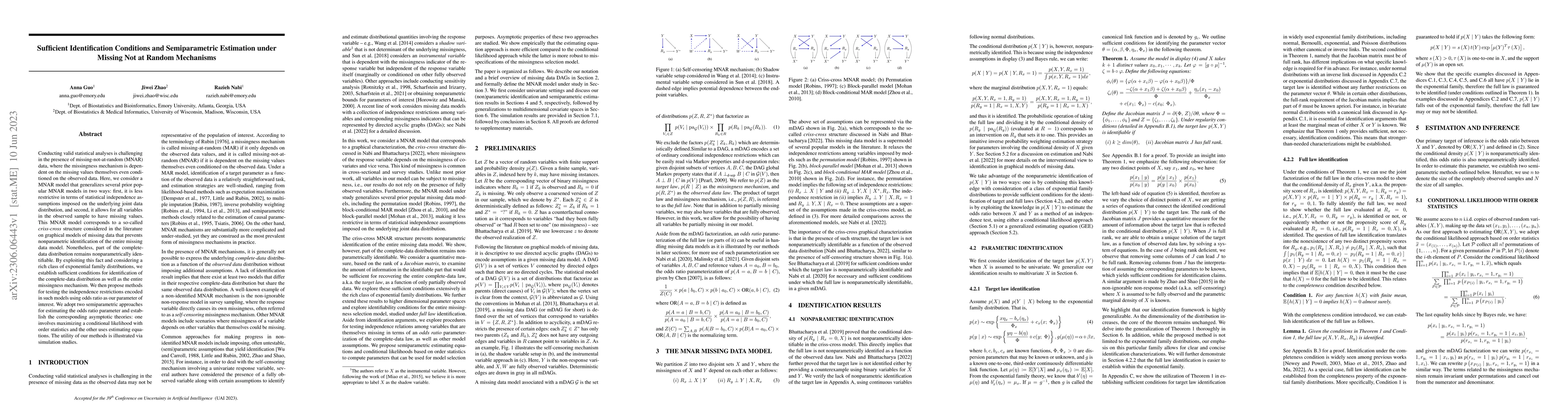 Thumbnail for Sufficient Identification Conditions and Semiparametric Estimation under
  Missing Not at Random Mechanisms
