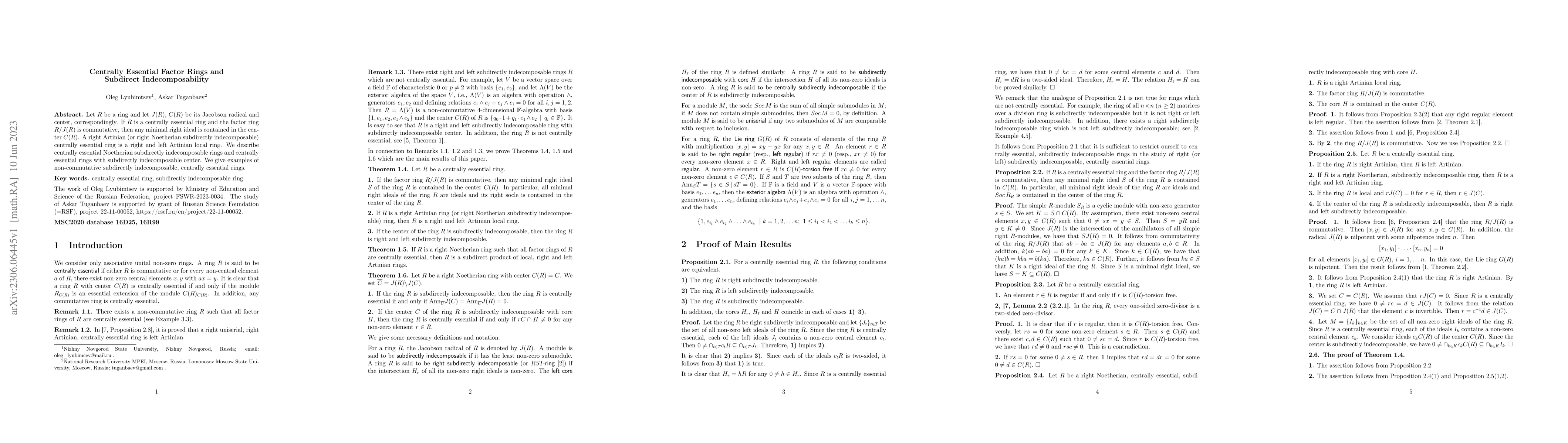Thumbnail for Centrally Essential Factor Rings and Subdirect Indecomposability