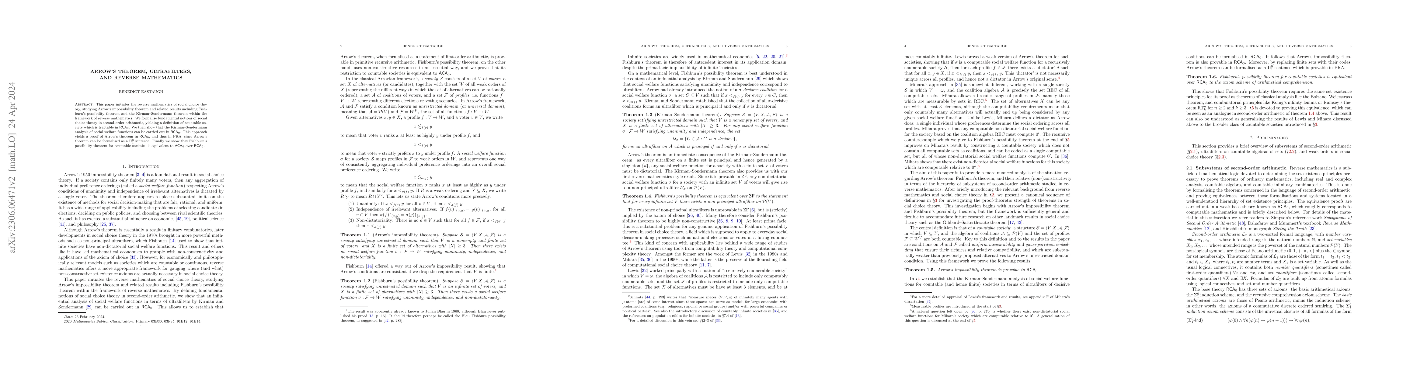 Thumbnail for Arrow's theorem, ultrafilters, and reverse mathematics