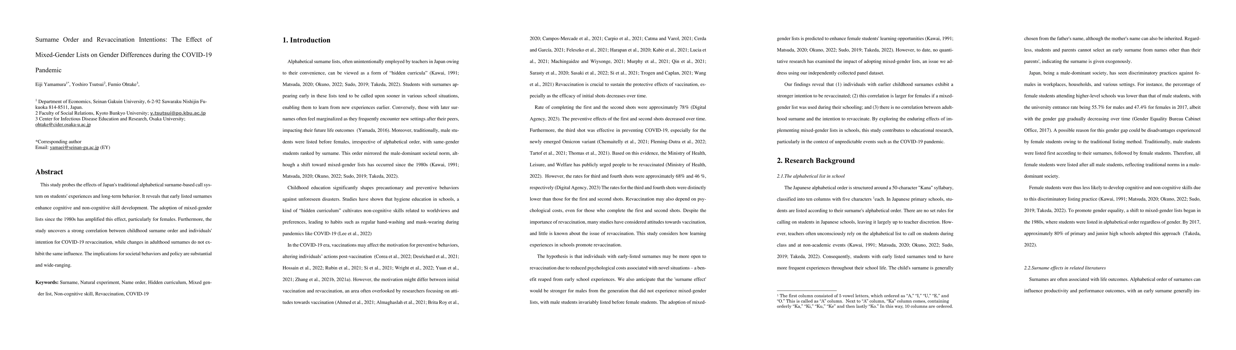 Thumbnail for Surname Order and Revaccination Intentions: The Effect of Mixed-Gender
  Lists on Gender Differences during the COVID-19 Pandemic