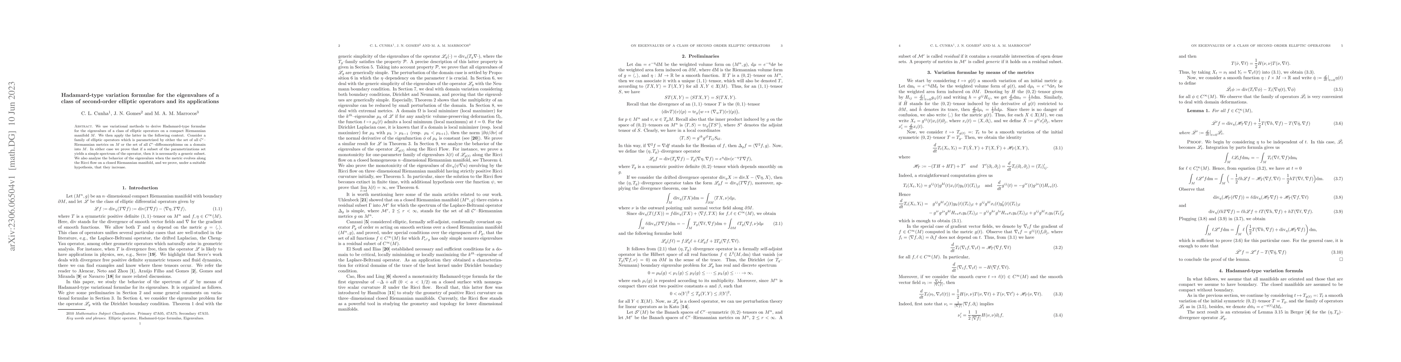 Thumbnail for Hadamard-type variation formulae for the eigenvalues of a class of
  second-order elliptic operators and its applications