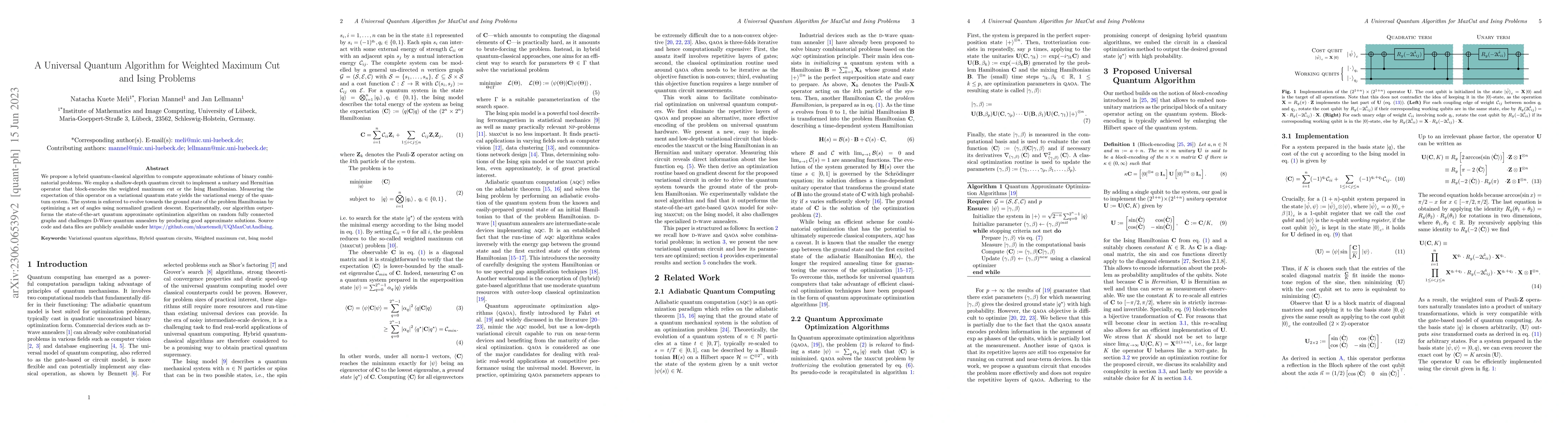 Thumbnail for A Universal Quantum Algorithm for Weighted Maximum Cut and Ising
  Problems