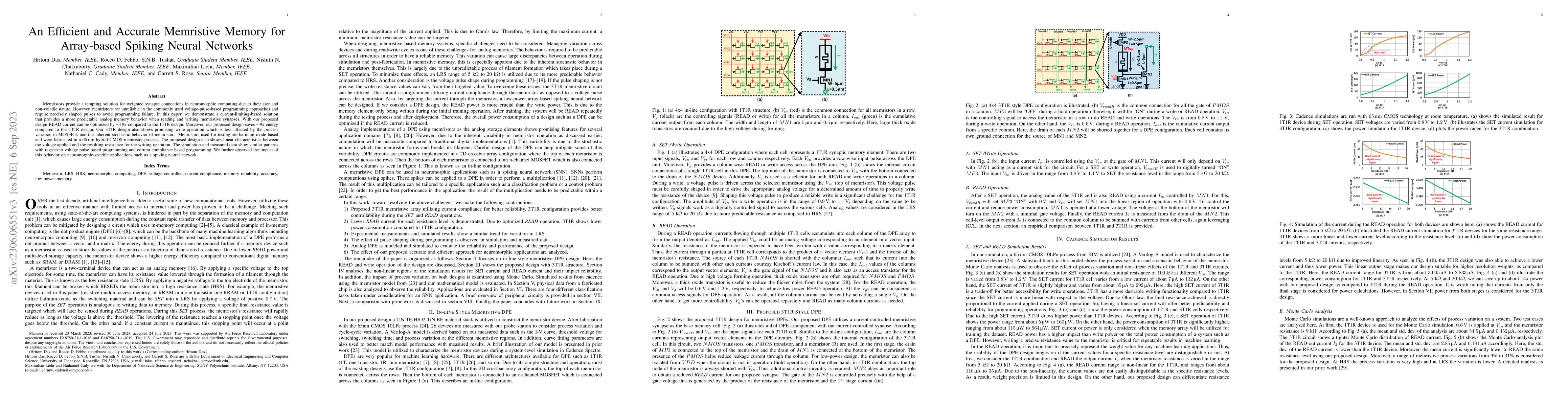 Thumbnail for An Efficient and Accurate Memristive Memory for Array-based Spiking
  Neural Networks