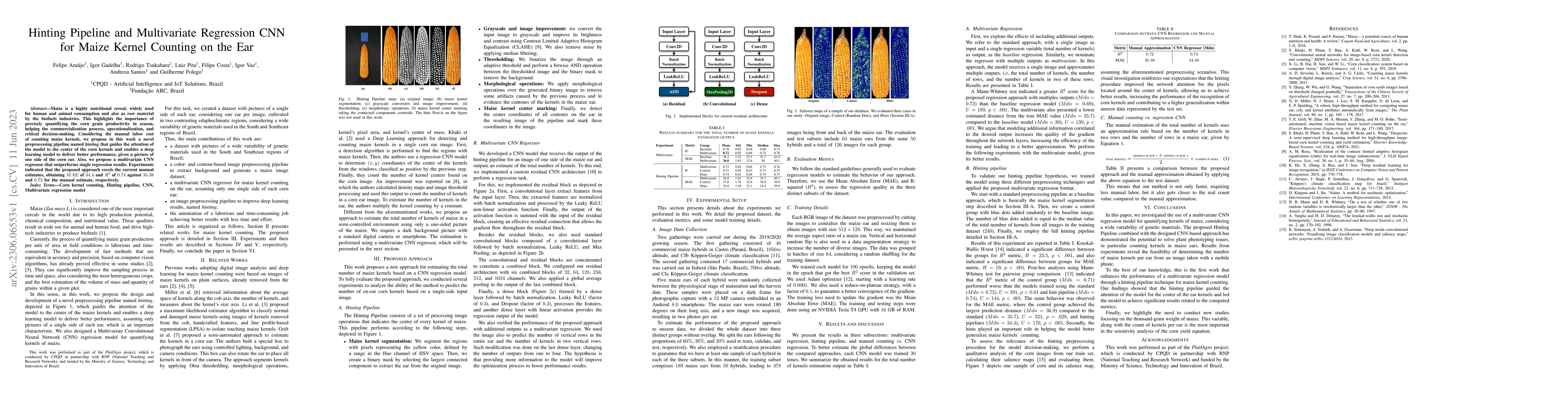 Thumbnail for Hinting Pipeline and Multivariate Regression CNN for Maize Kernel
  Counting on the Ear