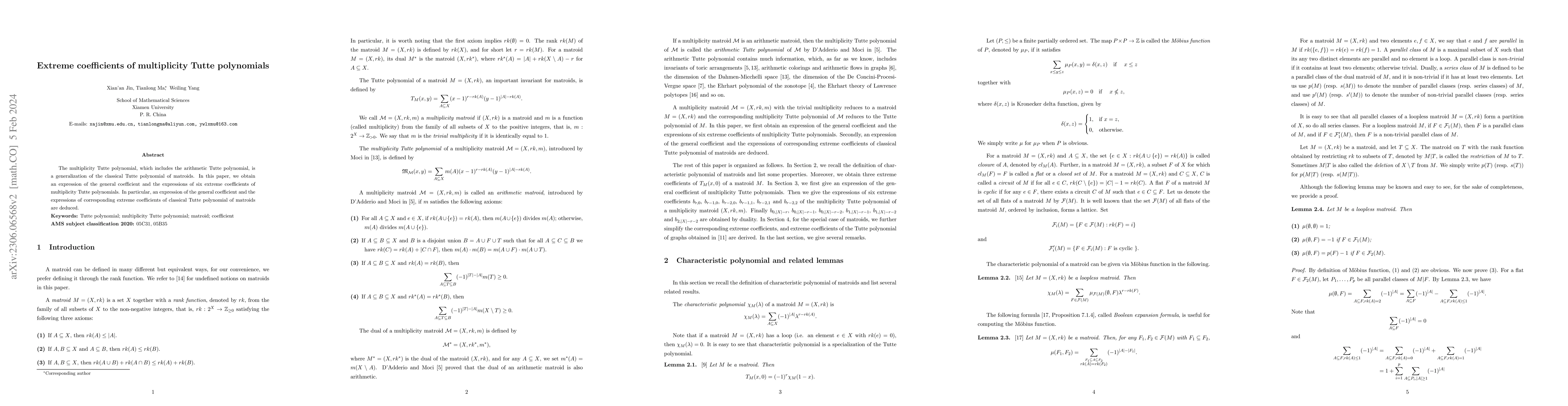 Thumbnail for Extreme coefficients of multiplicity Tutte polynomials