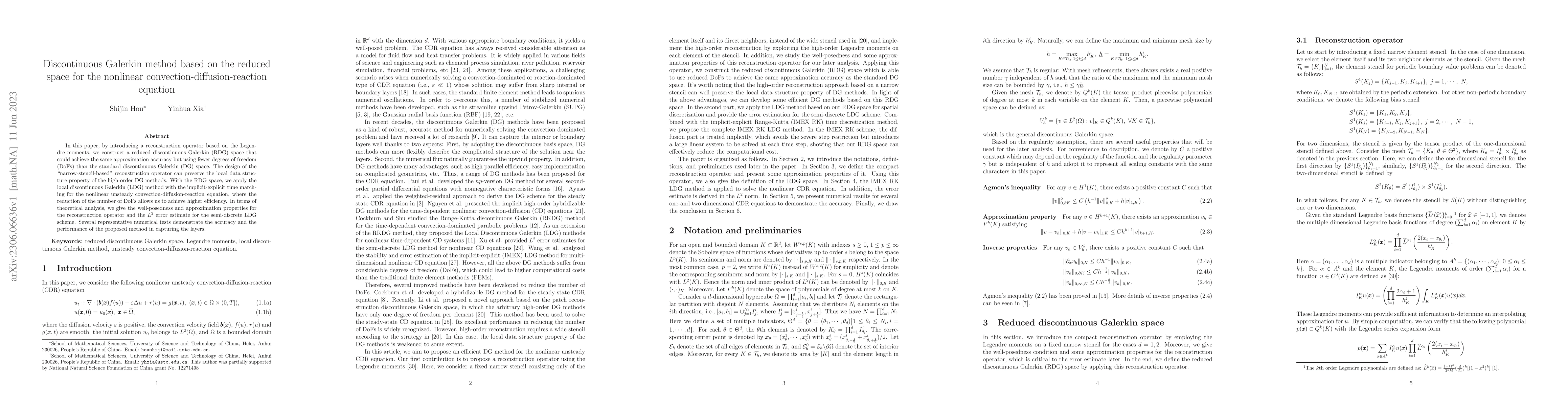 Thumbnail for Discontinuous Galerkin method based on the reduced space for the
  nonlinear convection-diffusion-reaction equation