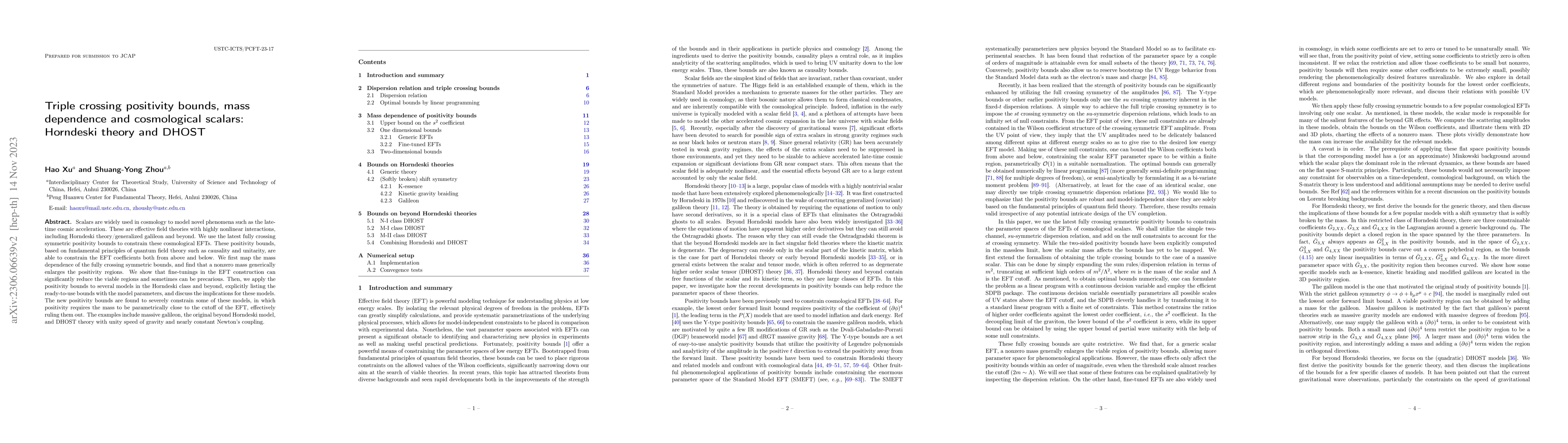 Thumbnail for Triple crossing positivity bounds, mass dependence and cosmological
  scalars: Horndeski theory and DHOST