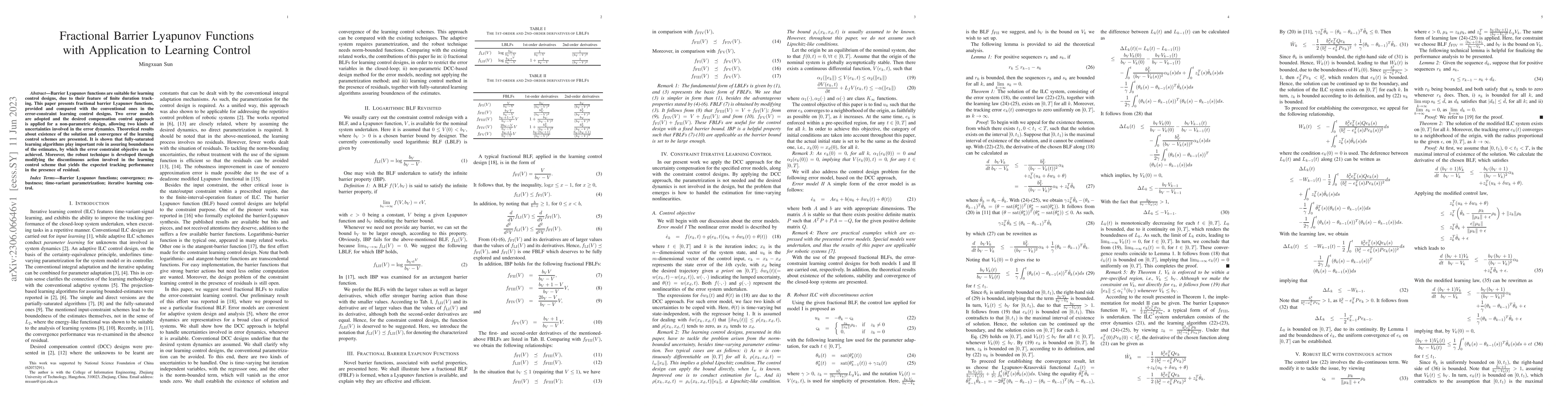 Thumbnail for Fractional Barrier Lyapunov Functions with Application to Learning
  Control