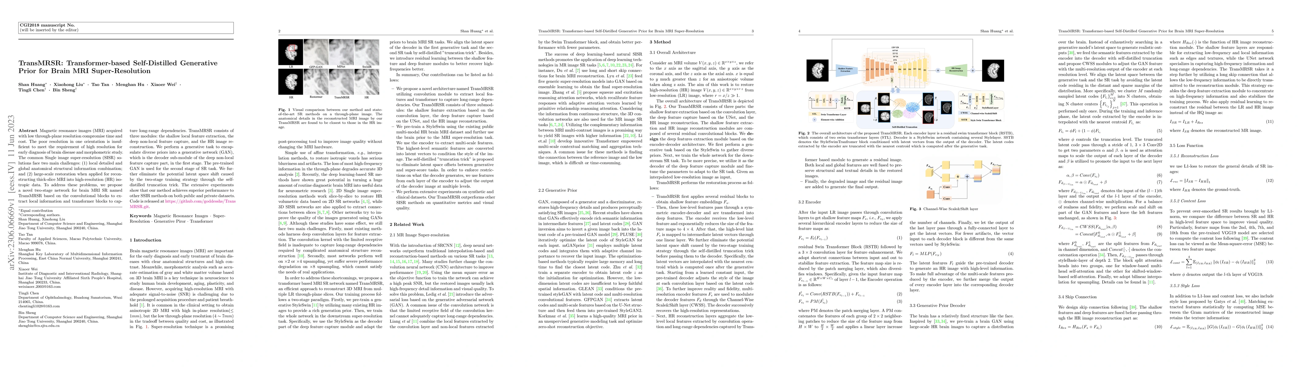 Thumbnail for TransMRSR: Transformer-based Self-Distilled Generative Prior for Brain
  MRI Super-Resolution