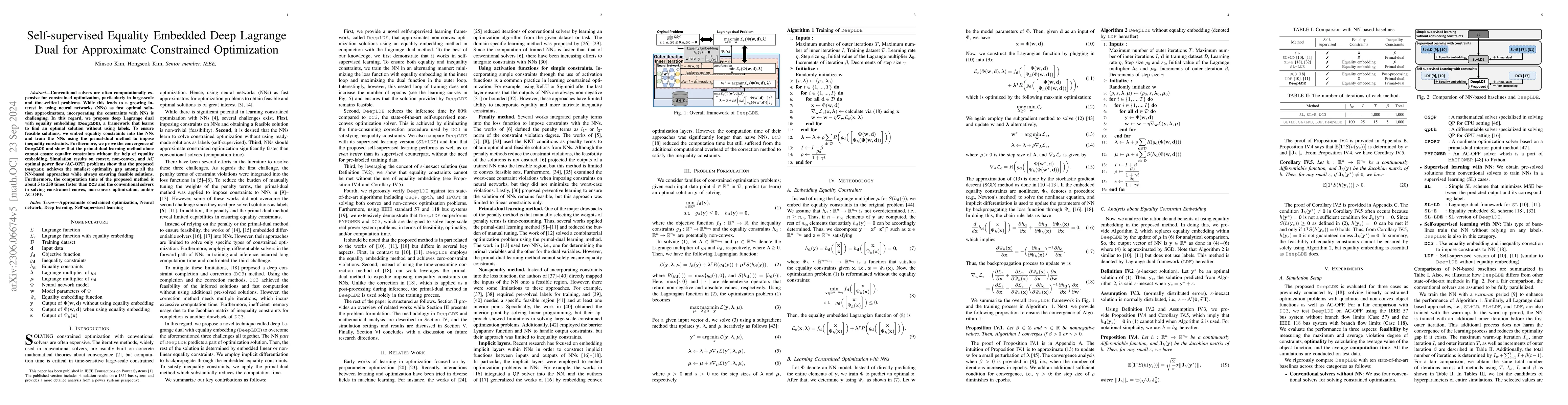 Thumbnail for Self-supervised Equality Embedded Deep Lagrange Dual for Approximate
  Constrained Optimization