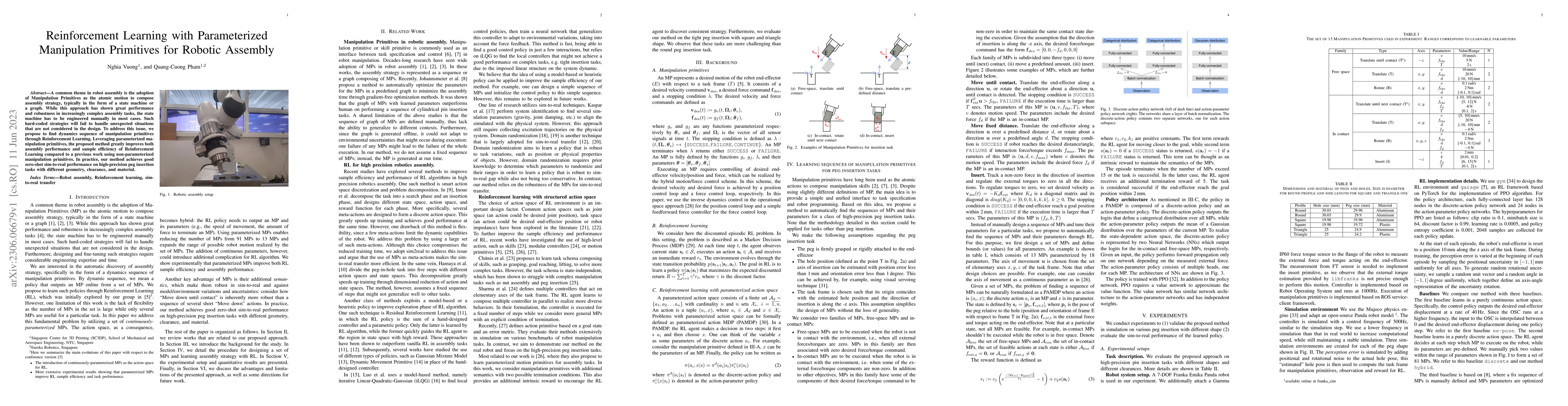 Thumbnail for Reinforcement Learning with Parameterized Manipulation Primitives for
  Robotic Assembly