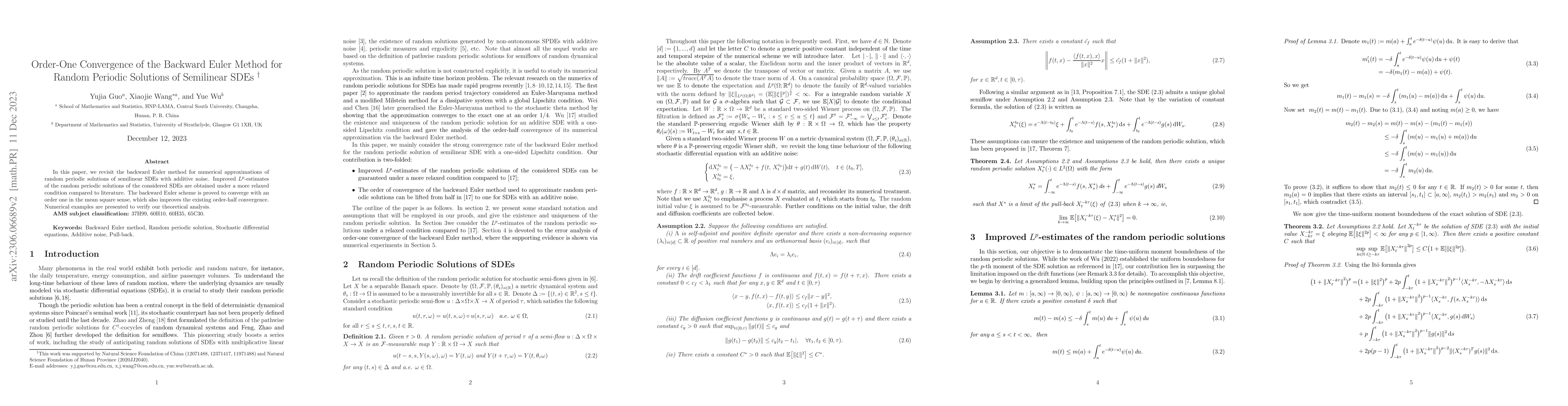 Thumbnail for Order-One Convergence of the Backward Euler Method for Random Periodic
  Solutions of Semilinear SDEs