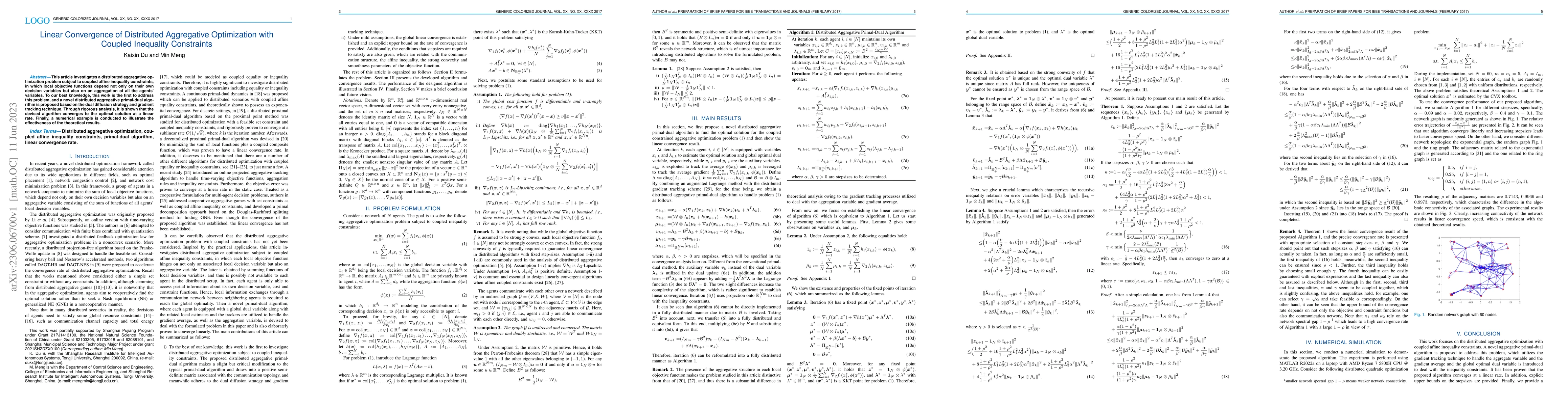 Thumbnail for Linear Convergence of Distributed Aggregative Optimization with Coupled
  Inequality Constraints
