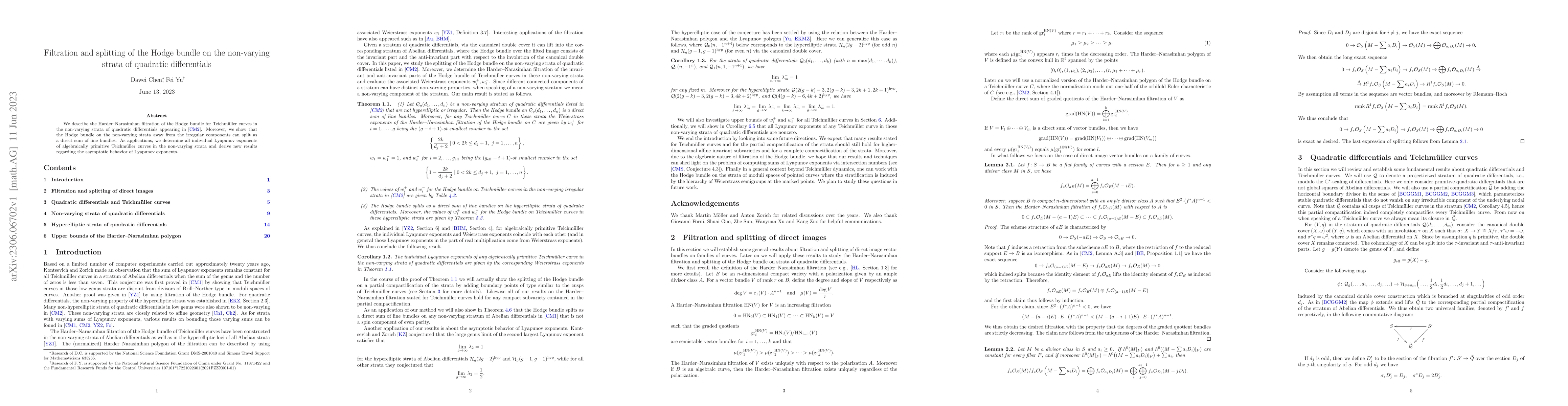 Thumbnail for Filtration and splitting of the Hodge bundle on the non-varying strata
  of quadratic differentials