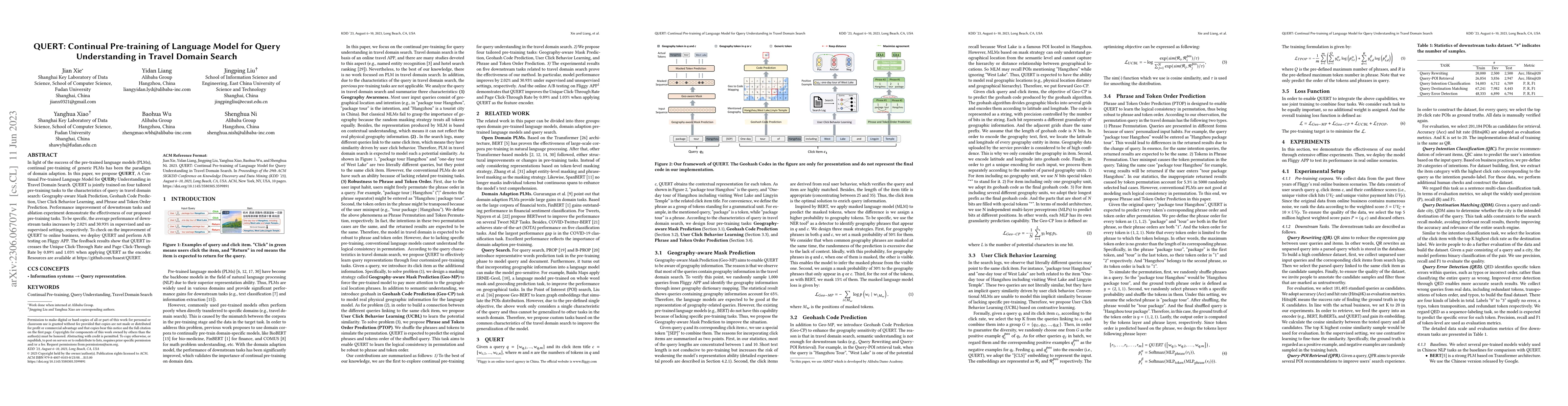 Thumbnail for QUERT: Continual Pre-training of Language Model for Query Understanding
  in Travel Domain Search