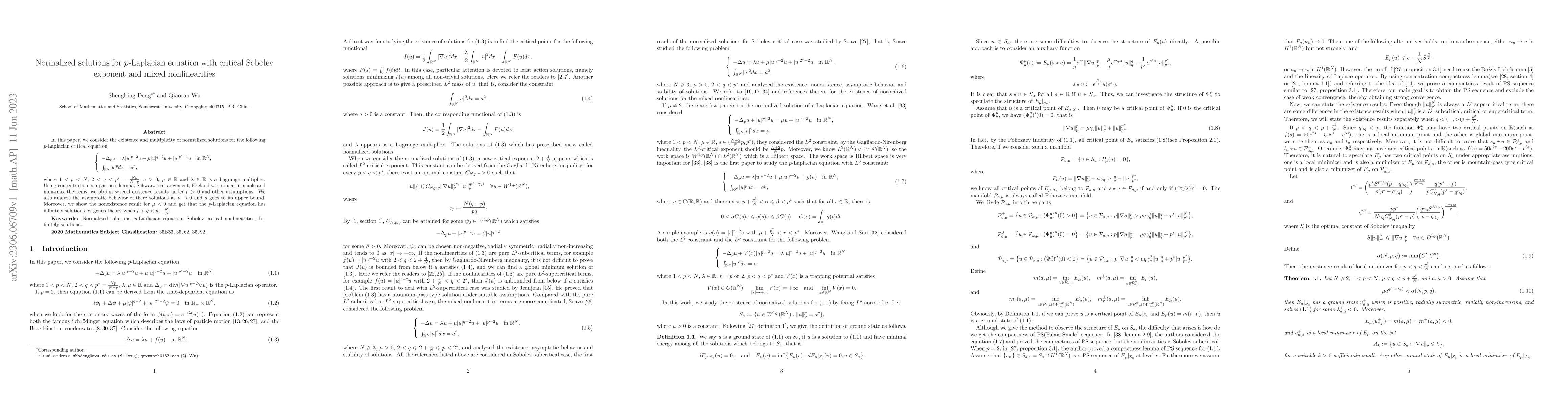 Thumbnail for Normalized solutions for $p$-Laplacian equation with critical Sobolev
  exponent and mixed nonlinearities