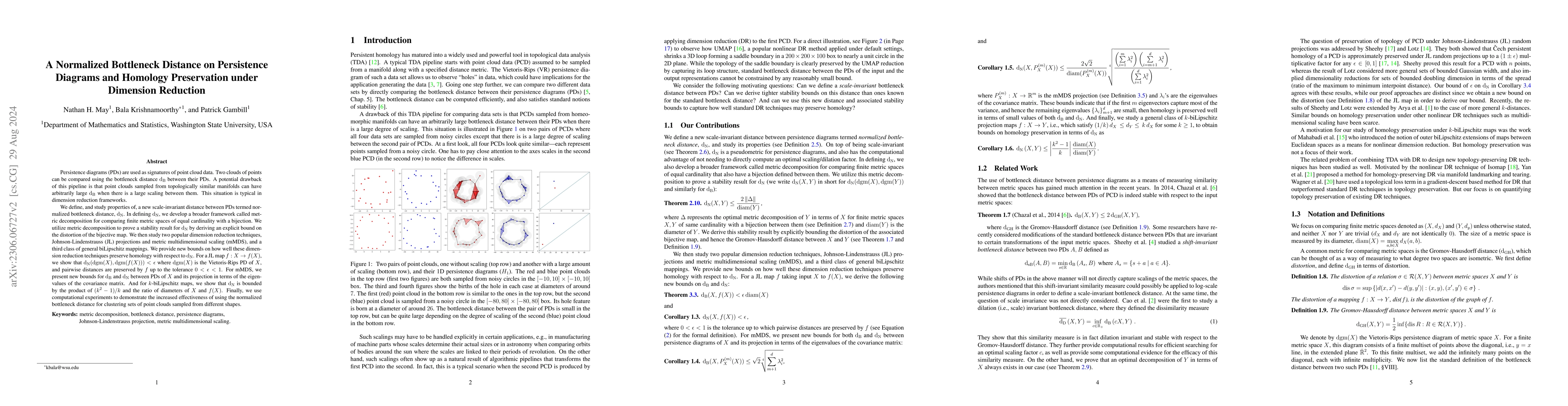 Thumbnail for A Normalized Bottleneck Distance on Persistence Diagrams and Homology
  Preservation under Dimension Reduction
