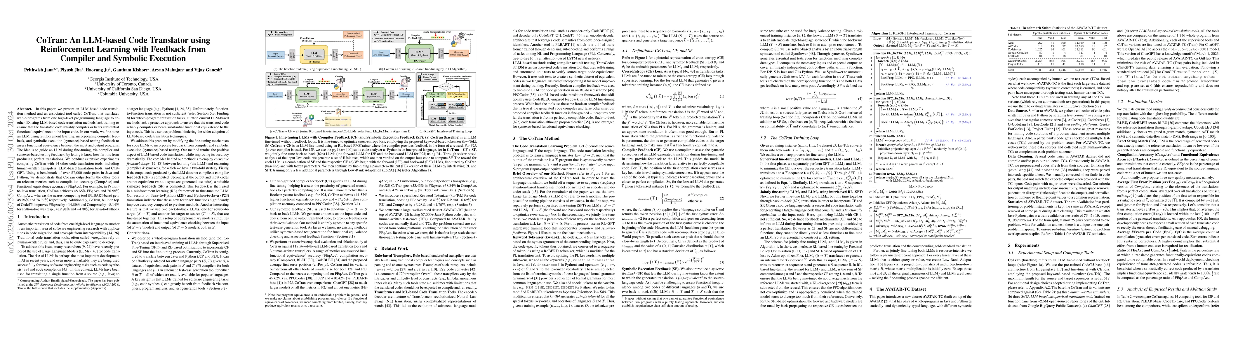Thumbnail for CoTran: An LLM-based Code Translator using Reinforcement Learning with
  Feedback from Compiler and Symbolic Execution