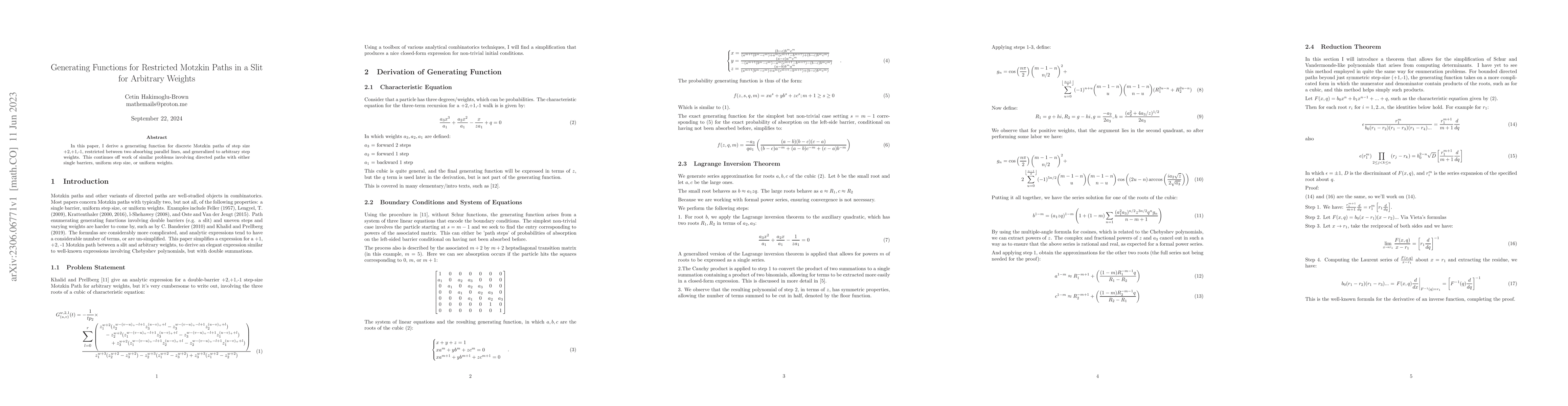 Thumbnail for Generating Functions for Restricted Motzkin Paths in a Slit for
  Arbitrary Weights