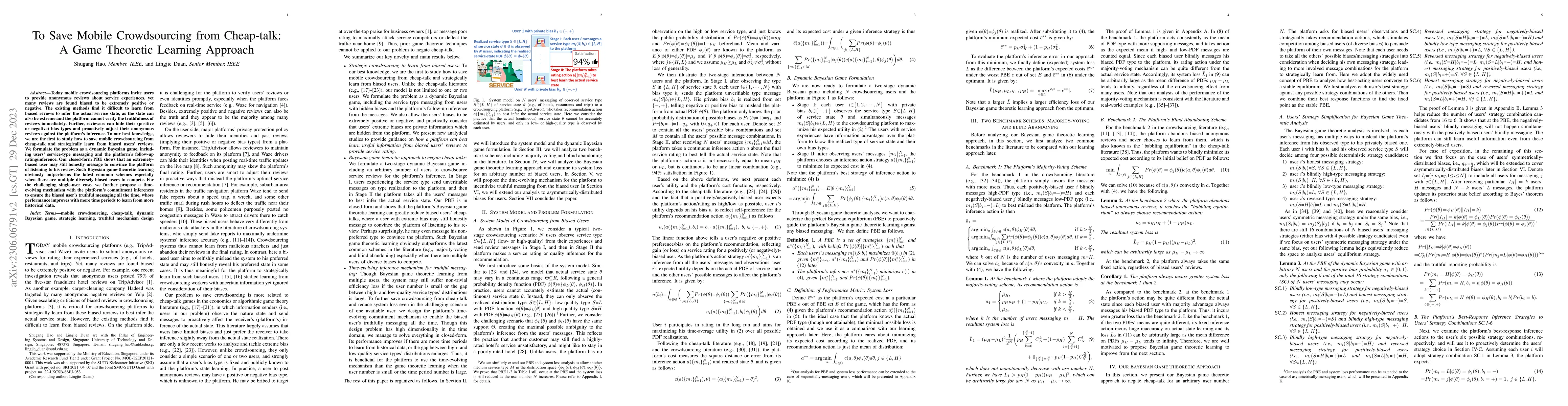Thumbnail for To Save Mobile Crowdsourcing from Cheap-talk: A Game Theoretic Learning
  Approach