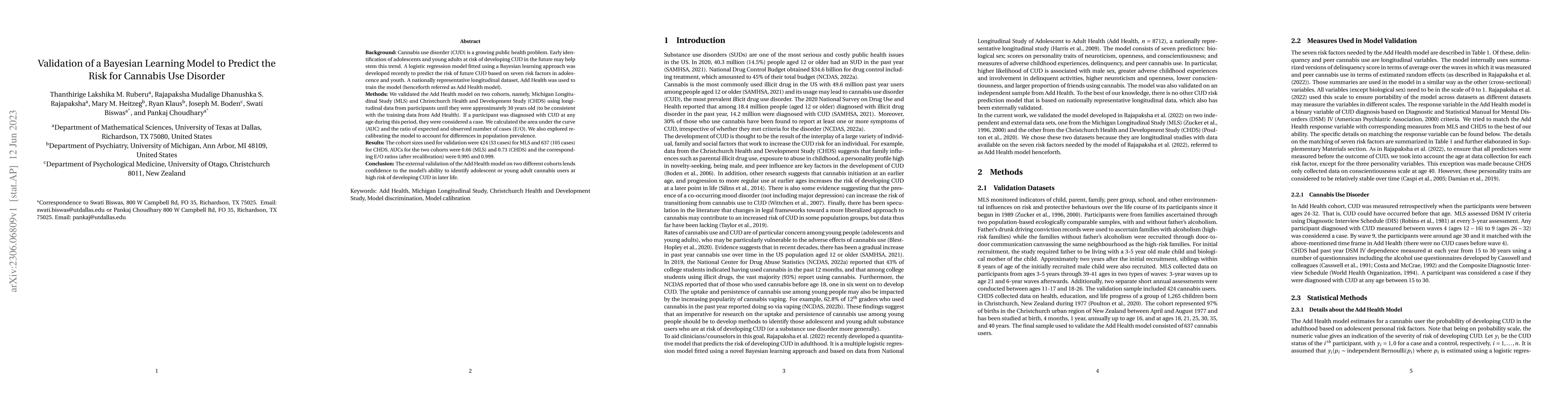 Thumbnail for Validation of a Bayesian Learning Model to Predict the Risk for Cannabis
  Use Disorder