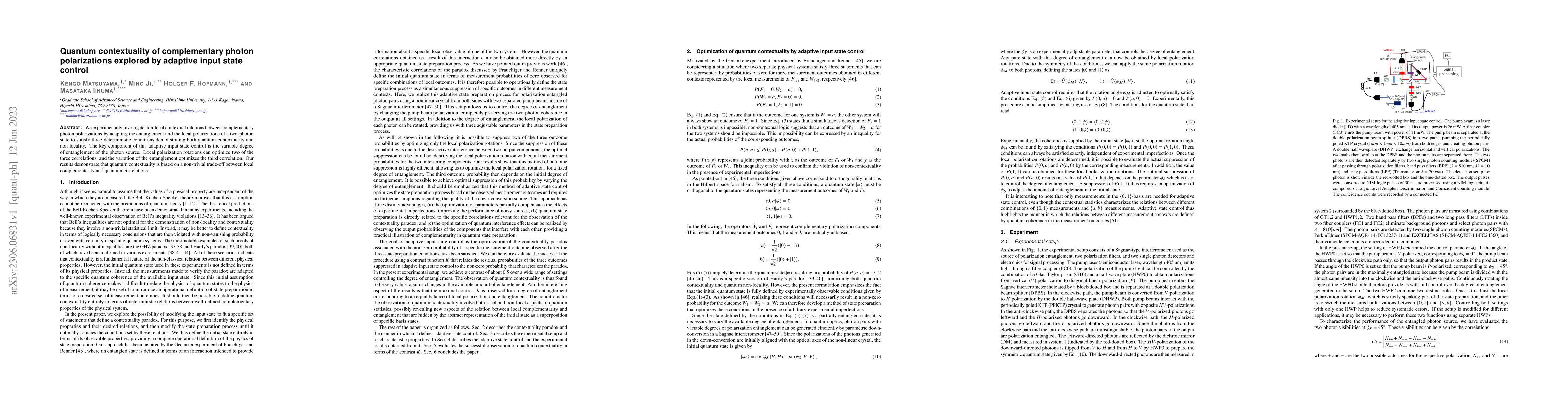 Thumbnail for Quantum contextuality of complementary photon polarizations explored by
  adaptive input state control