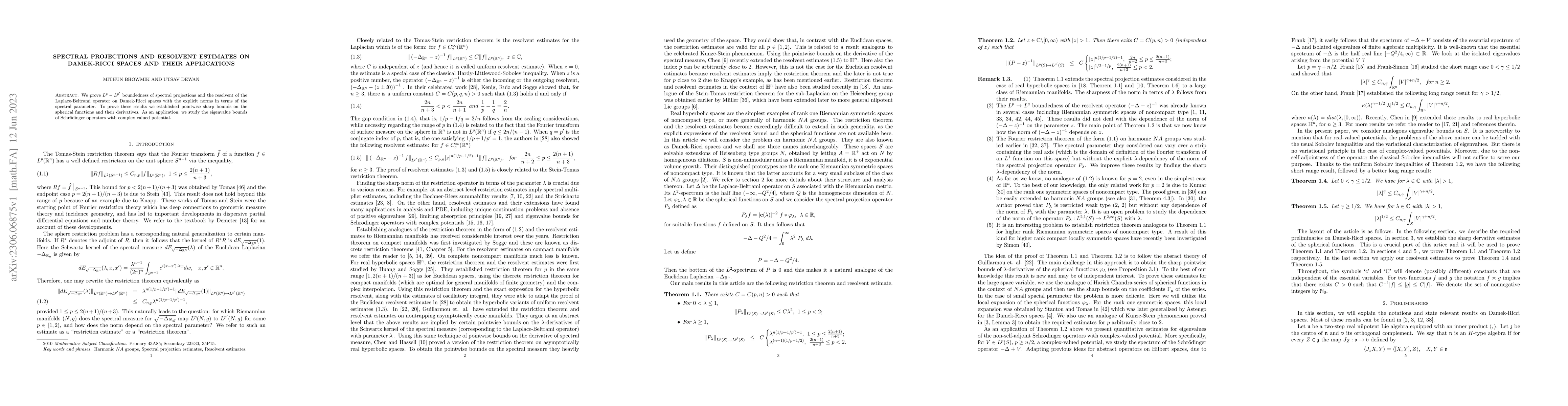 Thumbnail for Spectral projections and resolvent estimates on Damek-Ricci spaces and
  their applications