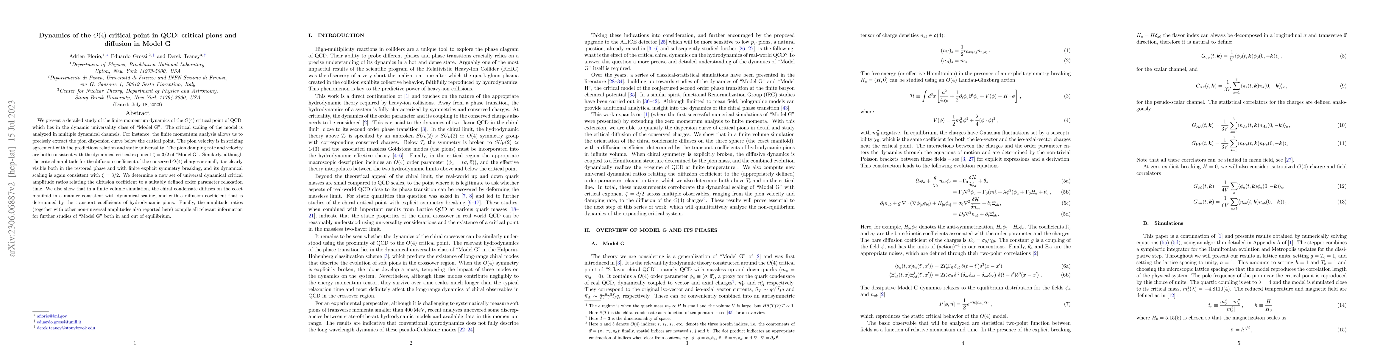 Thumbnail for Dynamics of the $O(4)$ critical point in QCD: critical pions and
  diffusion in Model G