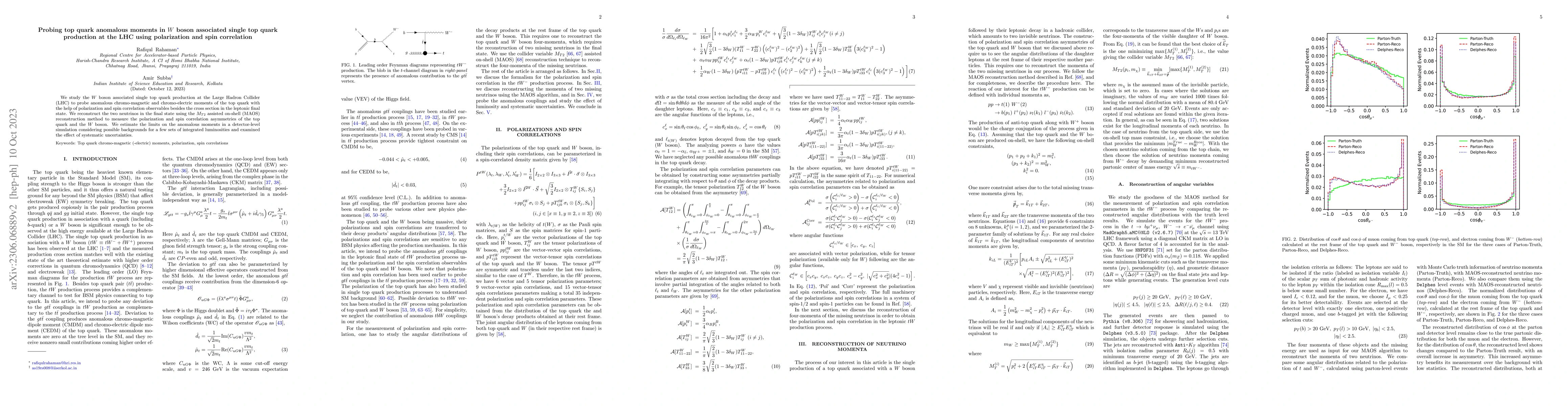 Thumbnail for Probing top quark anomalous moments in $W$ boson associated single top
  quark production at the LHC using polarization and spin correlation
