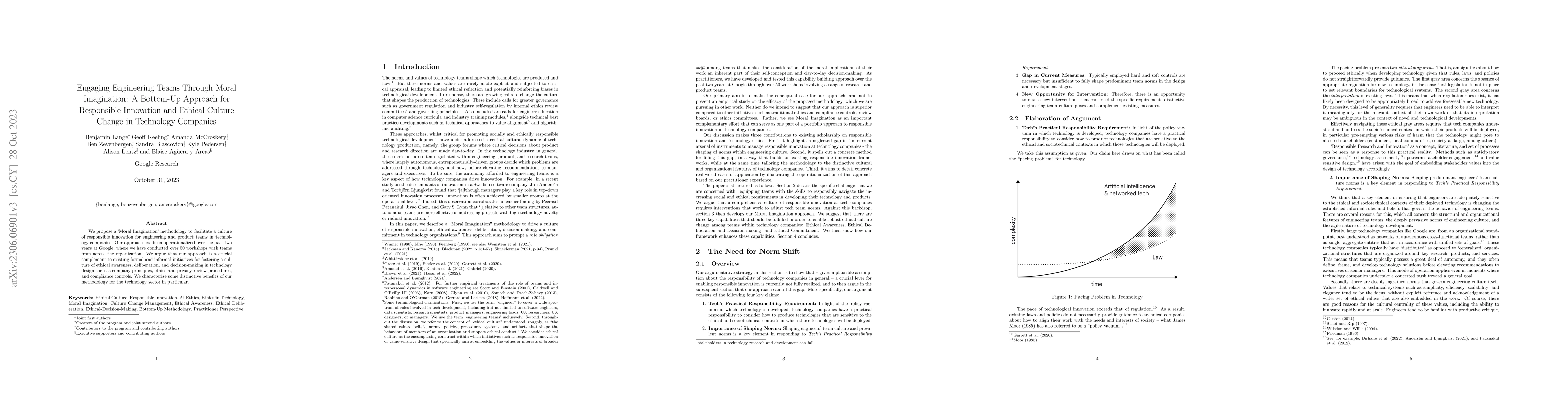 Thumbnail for Engaging Engineering Teams Through Moral Imagination: A Bottom-Up
  Approach for Responsible Innovation and Ethical Culture Change in Technology
  Companies