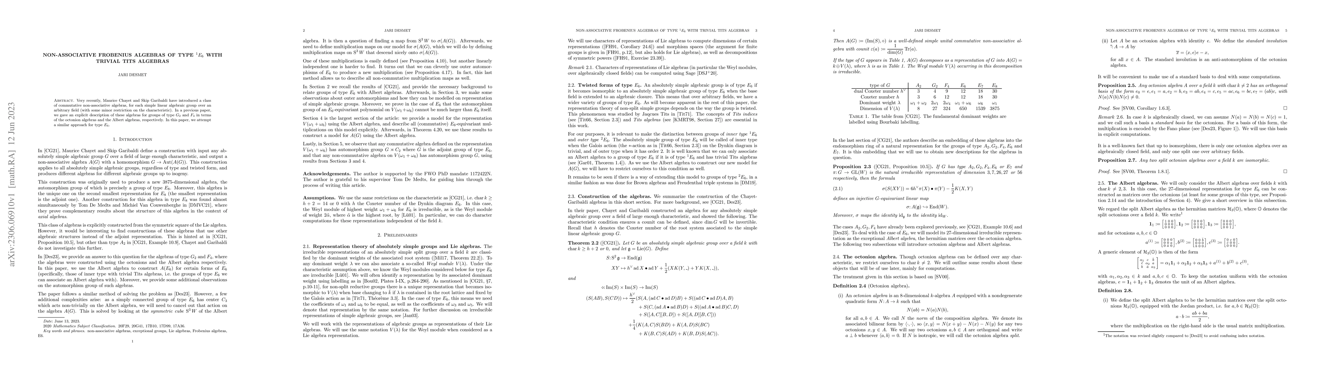 Thumbnail for Non-associative Frobenius algebras of type $^1E_6$ with trivial Tits
  algebras
