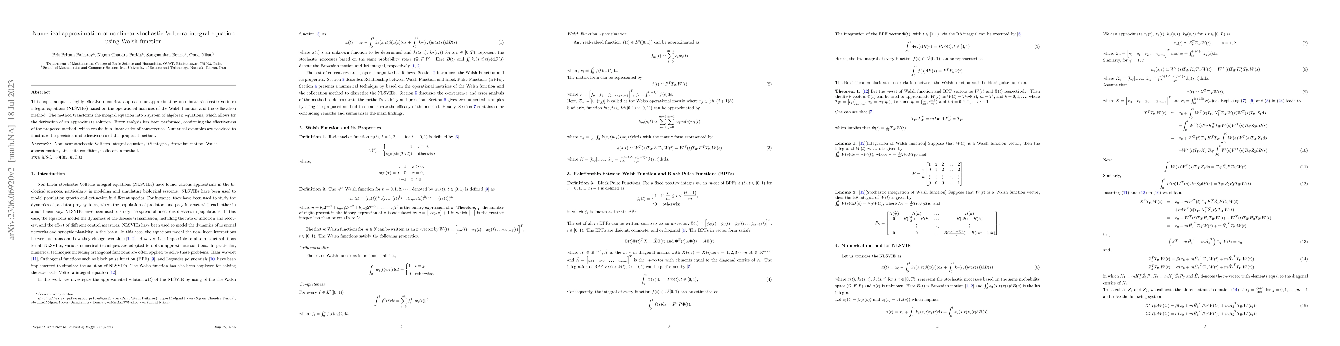 Thumbnail for Numerical Approximation of Nonlinear Stochastic Volterra Integral
  Equation using Walsh Function