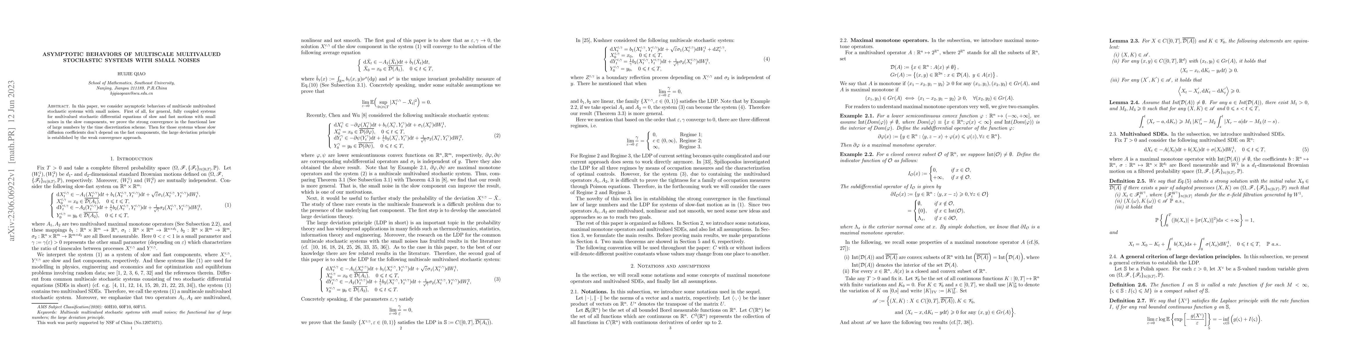 Thumbnail for Asymptotic behaviors of multiscale multivalued stochastic systems with
  small noises