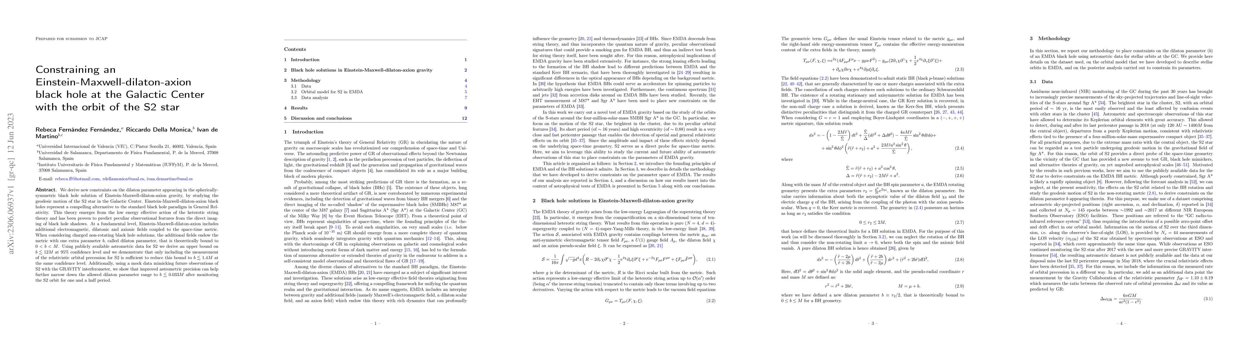 Thumbnail for Constraining an Einstein-Maxwell-dilaton-axion black hole at the
  Galactic Center with the orbit of the S2 star