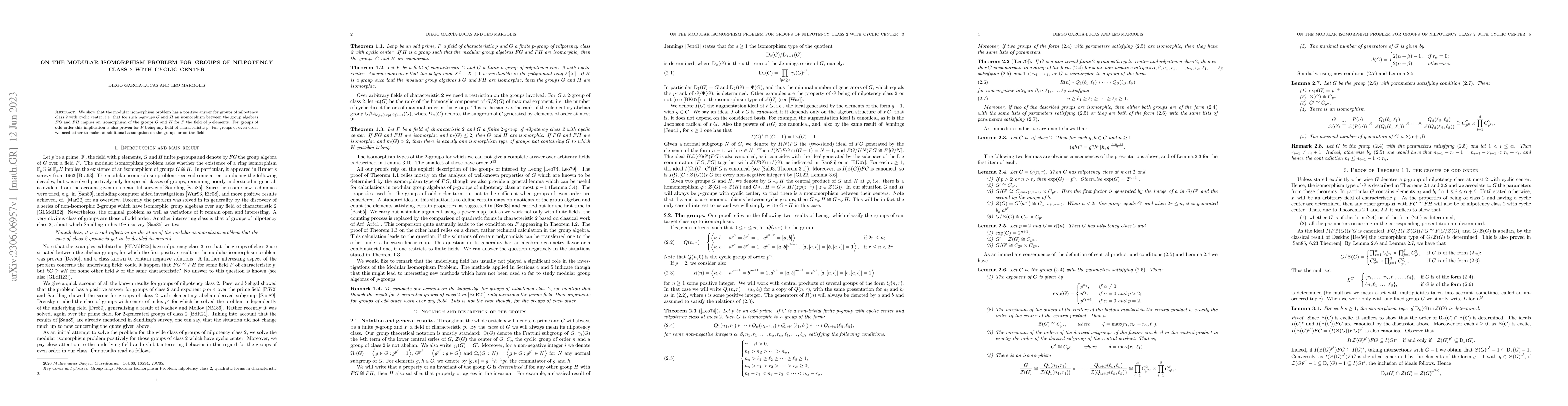 Thumbnail for On the modular isomorphism problem for groups of nilpotency class 2 with
  cyclic center