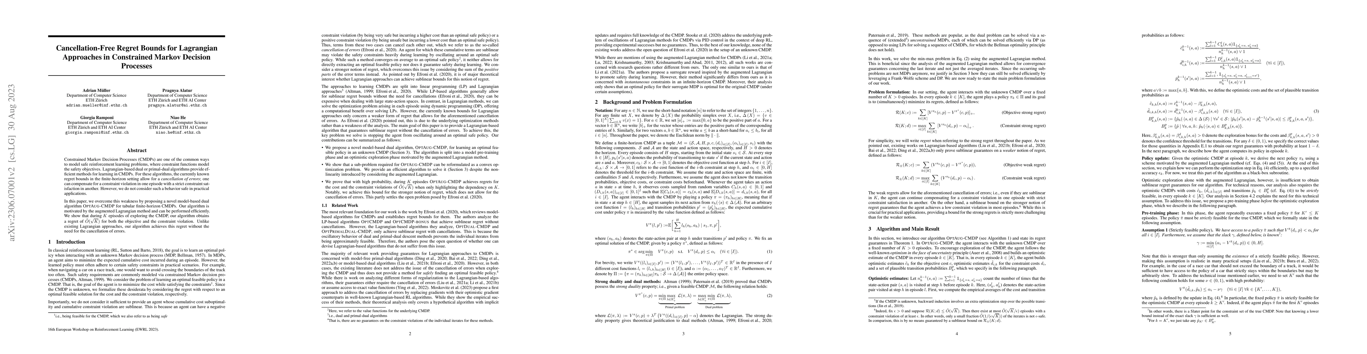 Thumbnail for Cancellation-Free Regret Bounds for Lagrangian Approaches in Constrained
  Markov Decision Processes