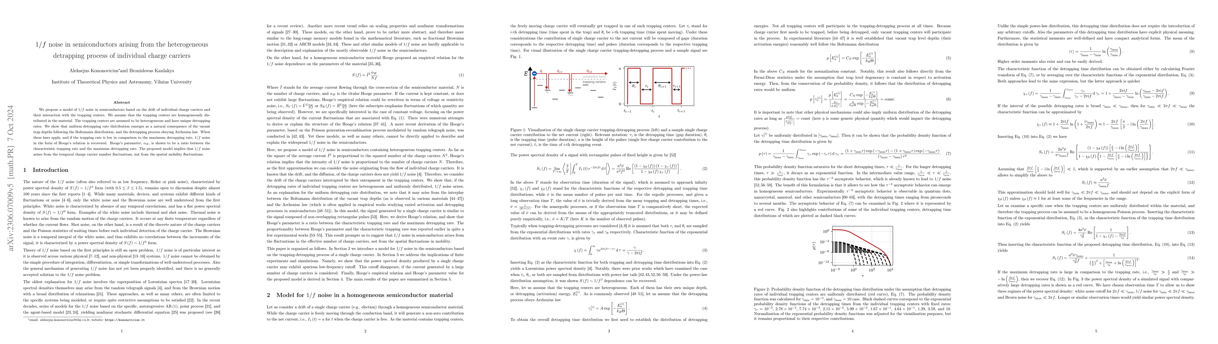 Thumbnail for $1/f$ noise in semiconductors arising from the heterogeneous detrapping
  process of individual charge carriers