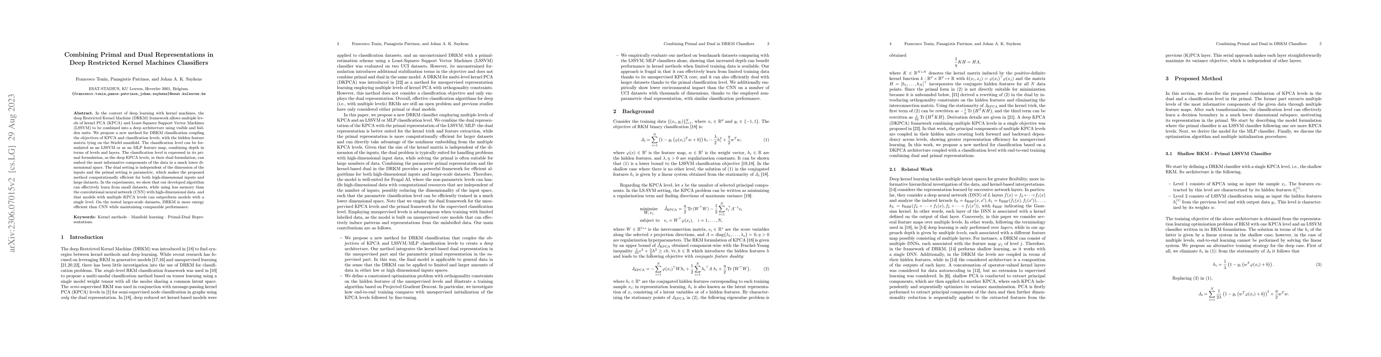 Thumbnail for Combining Primal and Dual Representations in Deep Restricted Kernel
  Machines Classifiers