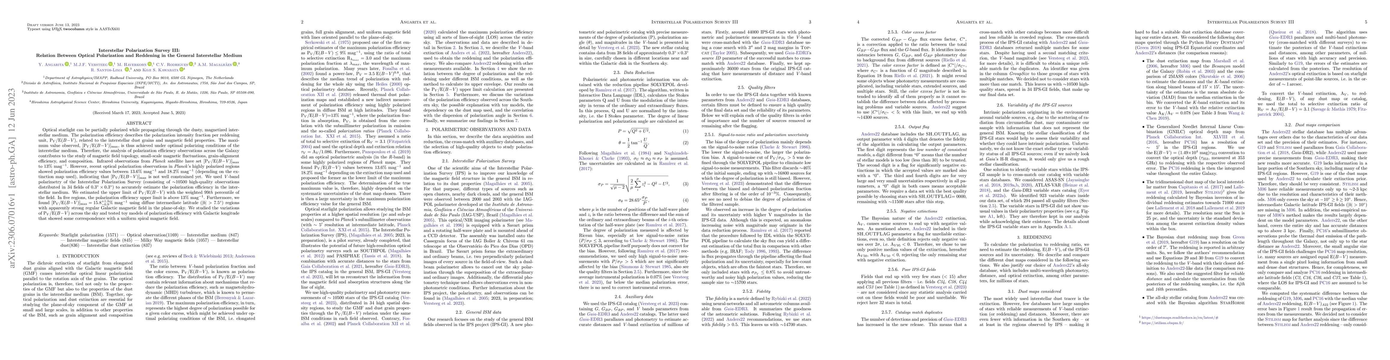 Thumbnail for Interstellar Polarization Survey III: Relation Between Optical
  Polarization and Reddening in the General Interstellar Medium