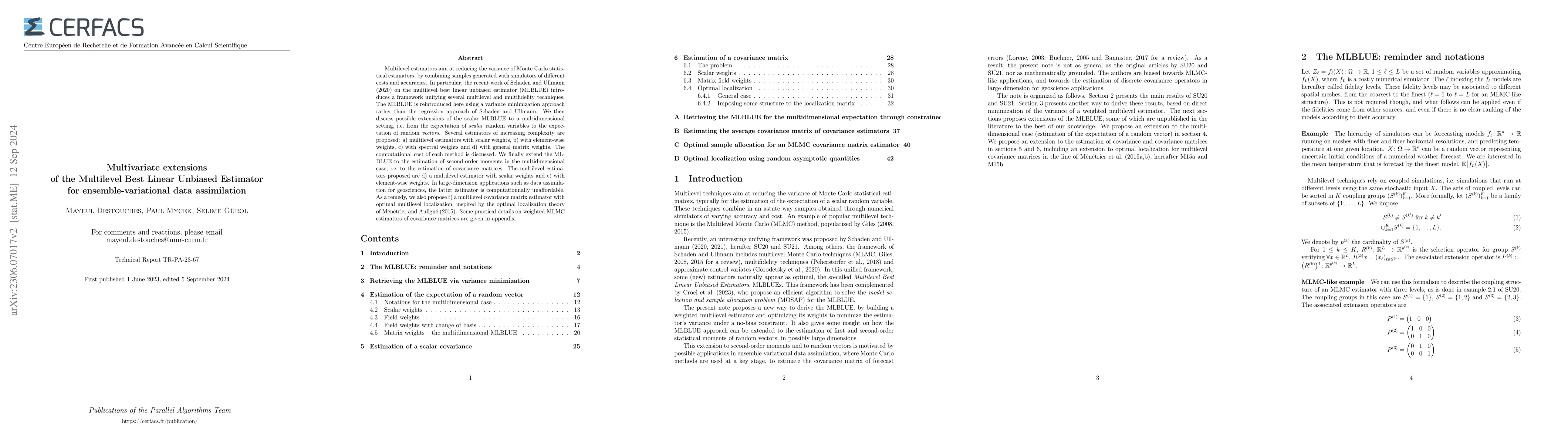 Thumbnail for Multivariate extensions of the Multilevel Best Linear Unbiased Estimator
  for ensemble-variational data assimilation