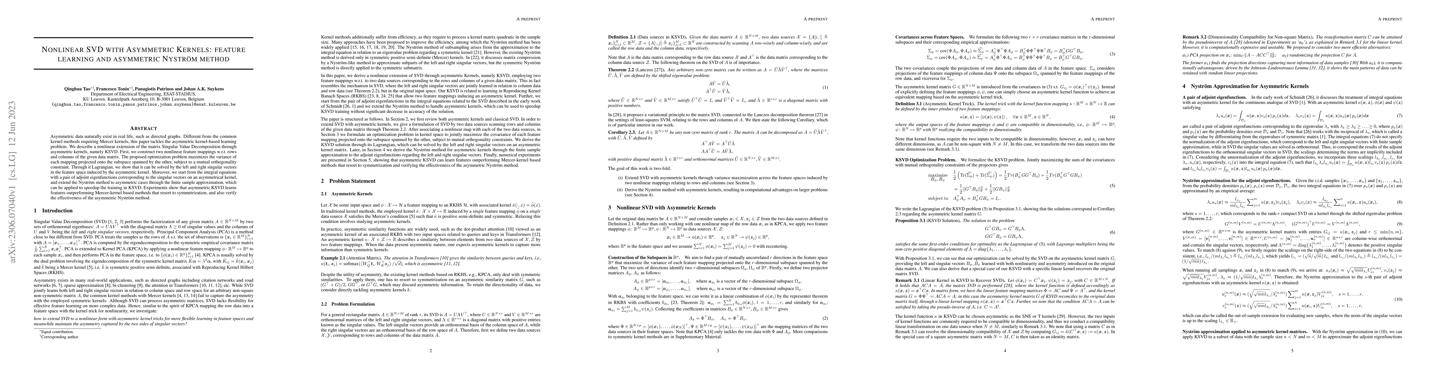 Thumbnail for Nonlinear SVD with Asymmetric Kernels: feature learning and asymmetric
  Nystr\"om method
