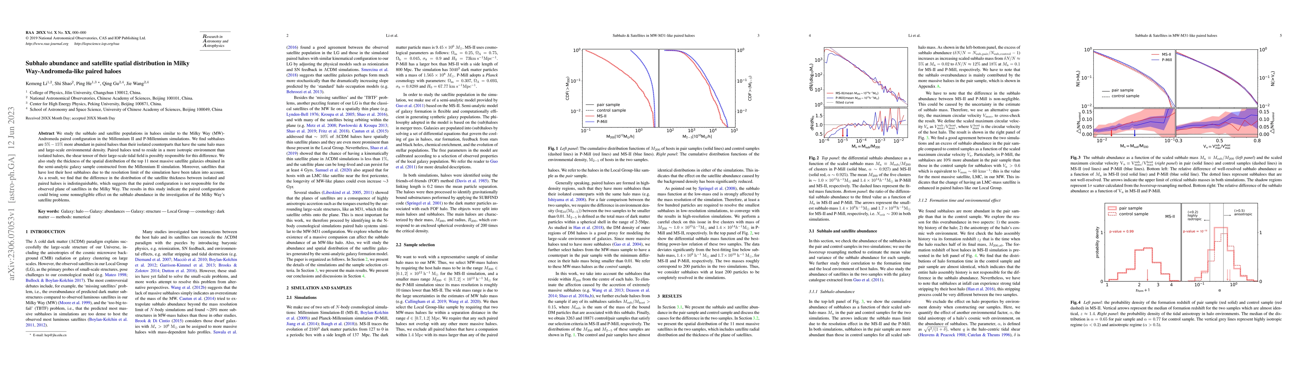 Thumbnail for Subhalo abundance and satellite spatial distribution in Milky
  Way-Andromeda-like paired haloes