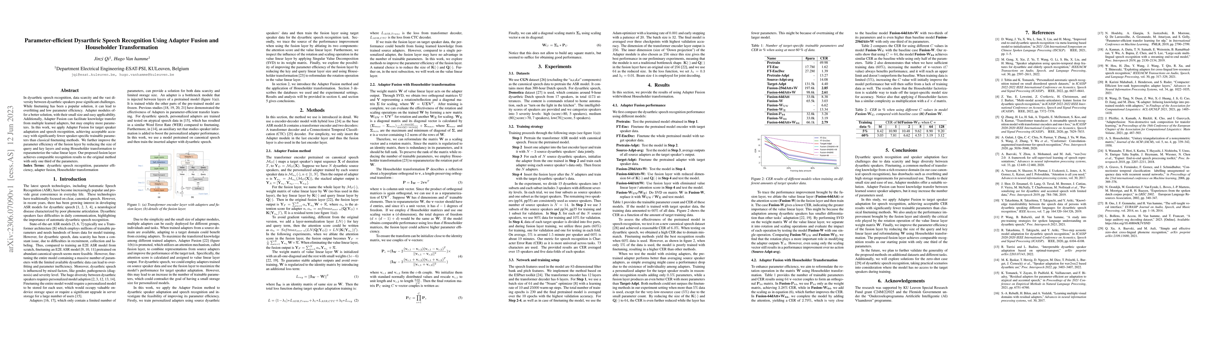 Thumbnail for Parameter-efficient Dysarthric Speech Recognition Using Adapter Fusion
  and Householder Transformation